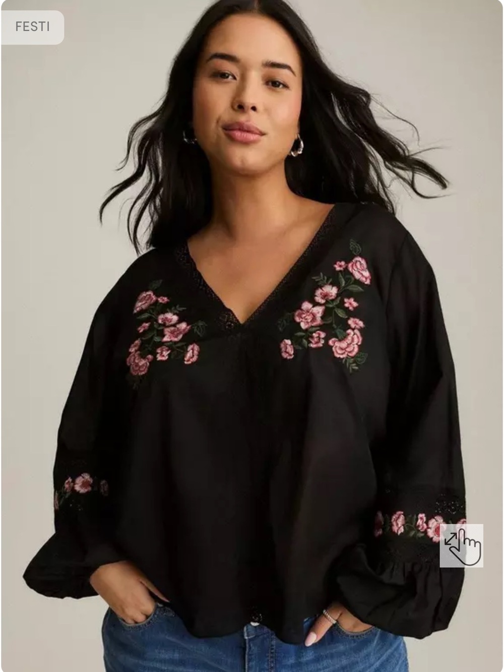 Torrid Festi Women’s Black Embroidered V-Neck Floral Popover Top Size- Large 12